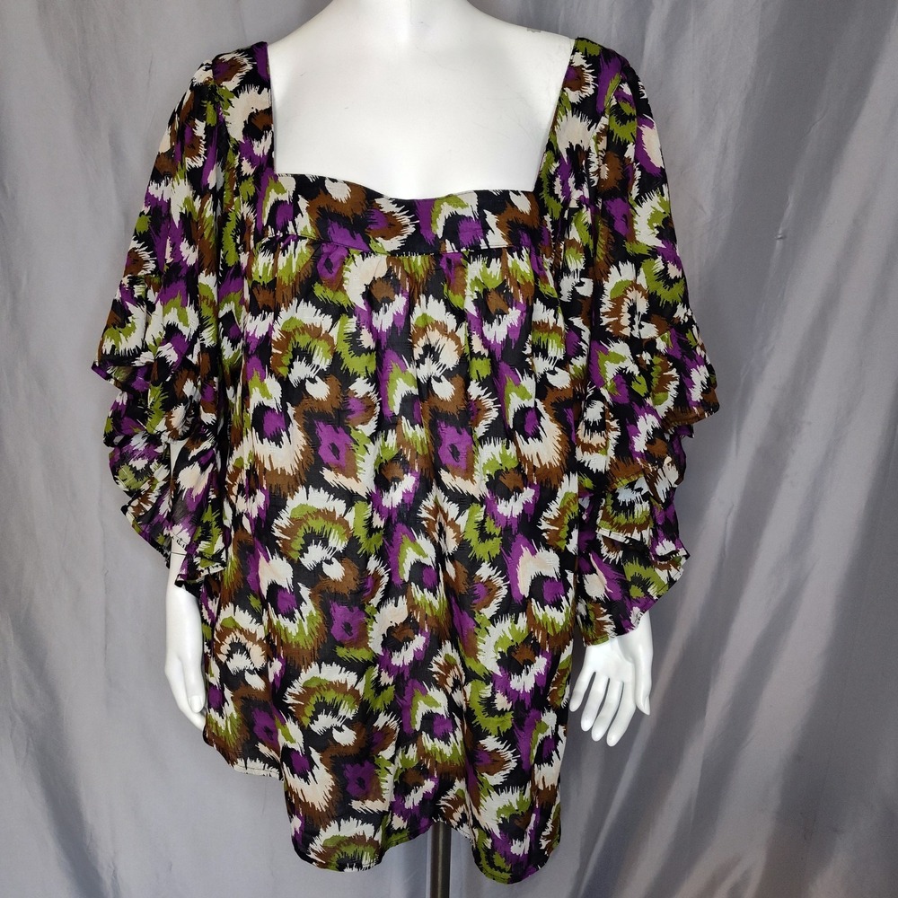 Terra & Sky 4X 28W-30W sheer cover up ruffle flutter sleeves peacock abstract